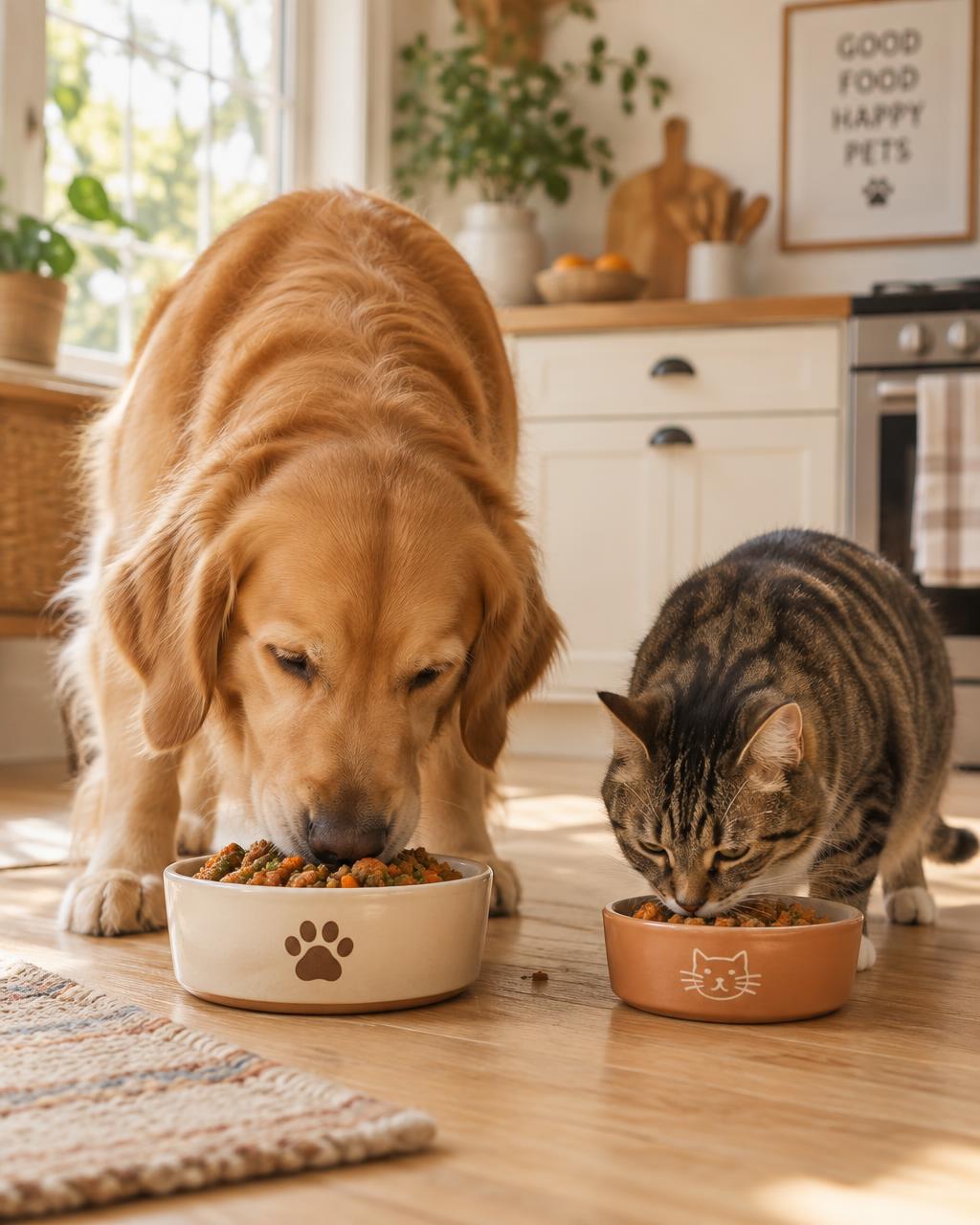 Un perro y un gato disfrutando comida casera saludable en una cocina cálida